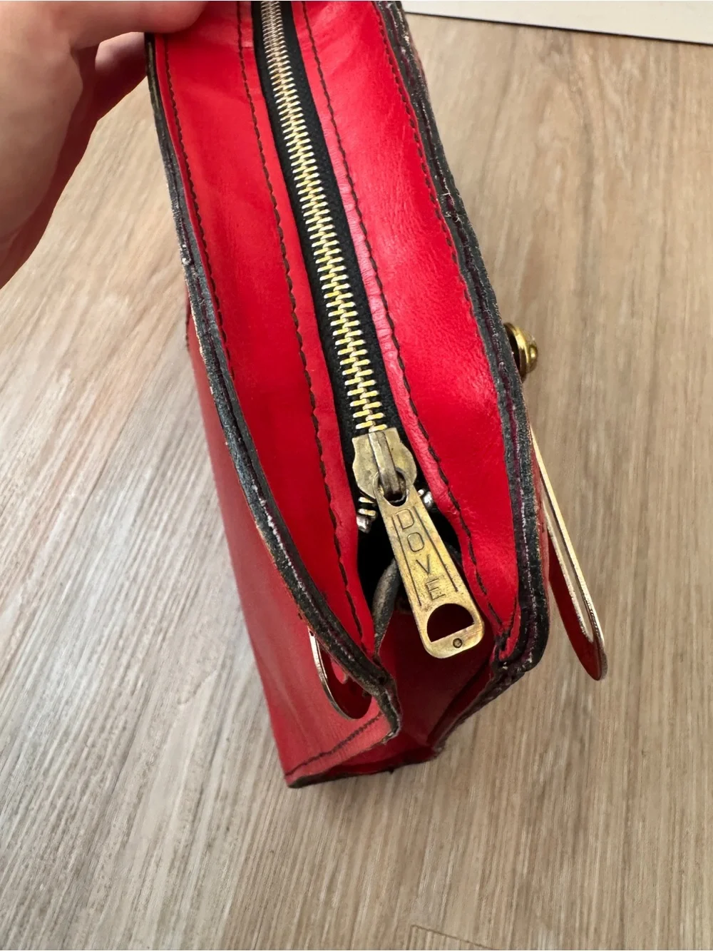 Vintage HYUK Red Leather Top Handle Clutch Purse USA Brass Hardware zip top bag